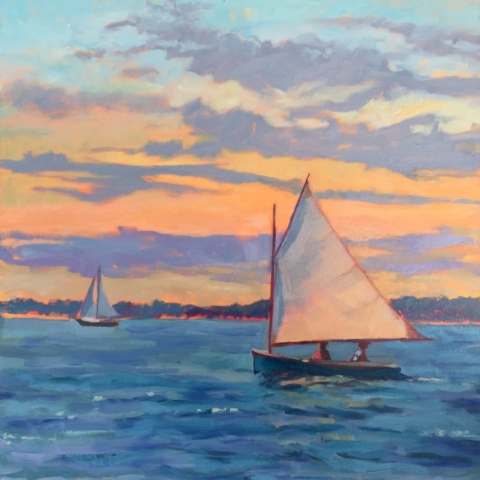 catlboat sailing at sunset, oil painting
