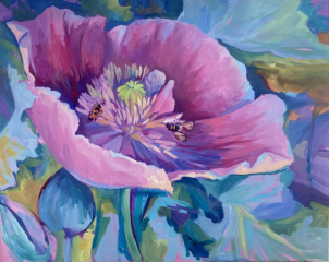 poppy oil painting with bees