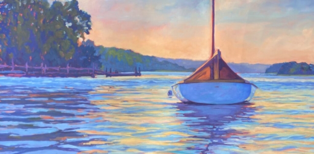 oil painting sailboat with canvas cover, Westport River