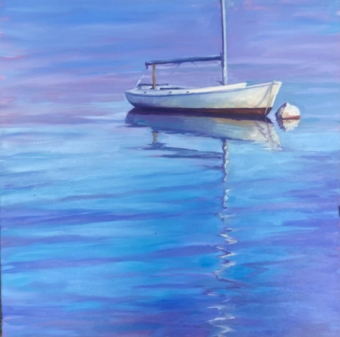 sailboat oil painting, small day sailer at the mooring with reflections