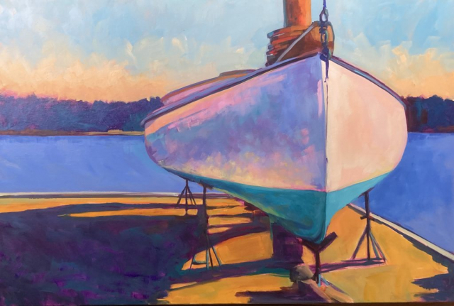 catboat on boatstands, oil painting