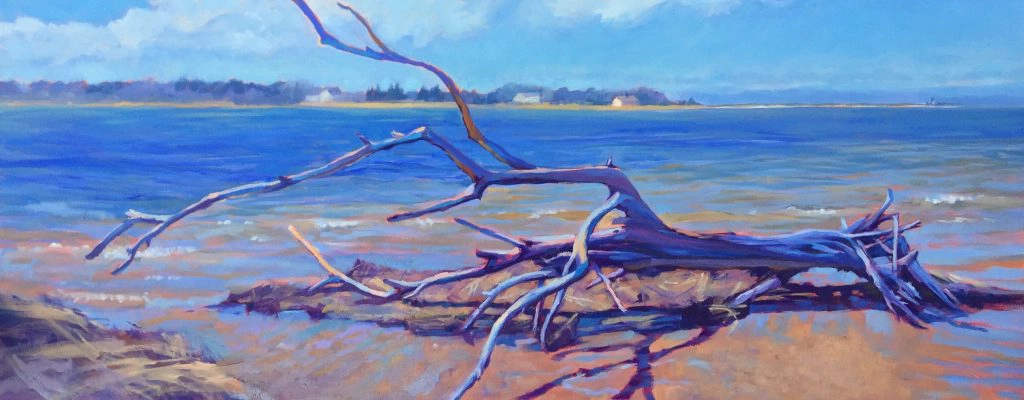 oil painting of driftwood on the beach