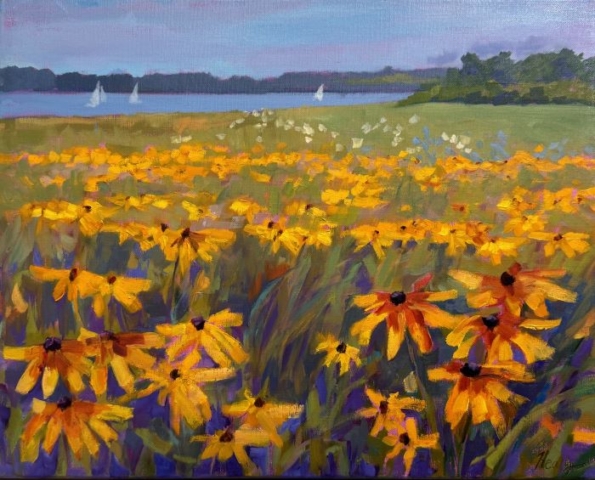 Field of Black-eyed-Susan wildflowers at the coast of Seapowet, oil painting