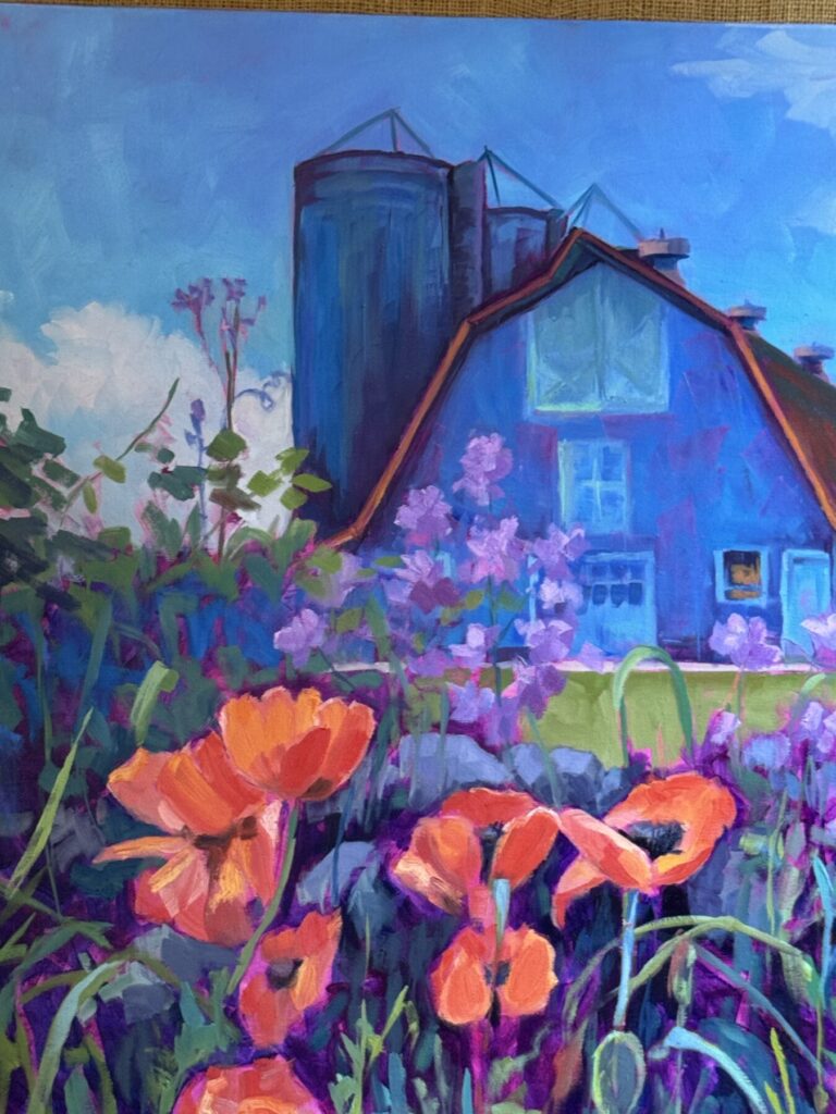 Oil painting by Barbara Healy, poppies with barn